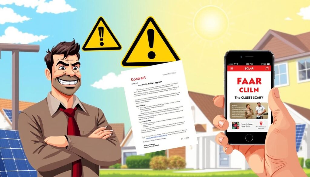 A cartoon man with an alarmed expression stands near solar panels. Two caution signs hover above a contract, warning of common solar scams. A hand holds a smartphone displaying an app with text and icons, offering guidance to avoid these pitfalls. Sunlight shines in the background.