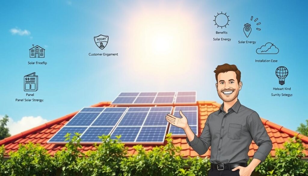 Illustration of a man standing in front of a roof adorned with solar panels. Icons depict solar energy benefits, customer engagement, and proven techniques for installation ease. The sun shines brightly above, emphasizing sustainable energy themes and effective selling strategies.