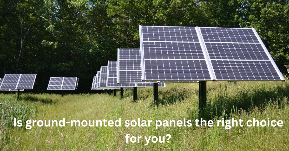 A row of solar panels stands ground-mounted in a grassy field with a forest backdrop. Text on the image asks, "Are these innovative solar panels the right choice for you?