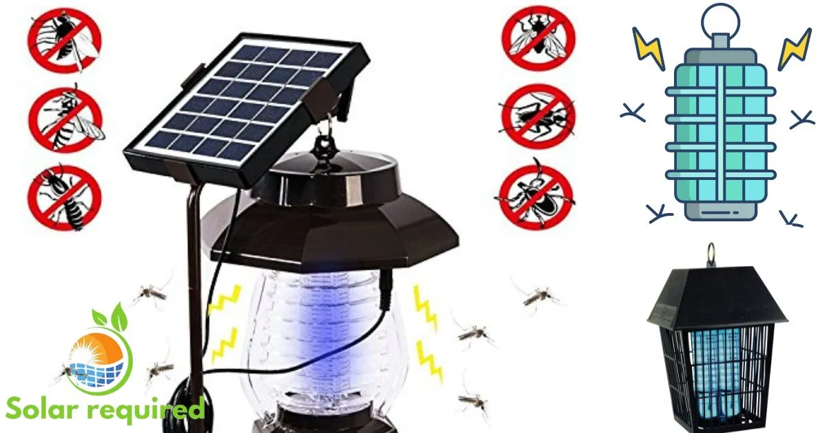 Solar-powered bug zapper featuring a top-mounted solar panel. Illustrations depict insects with red circles and slashes, alongside icons of similar devices and a "Solar required" logo. Discover the efficiency of our solar panels system in keeping pests at bay without added solar panels cost.