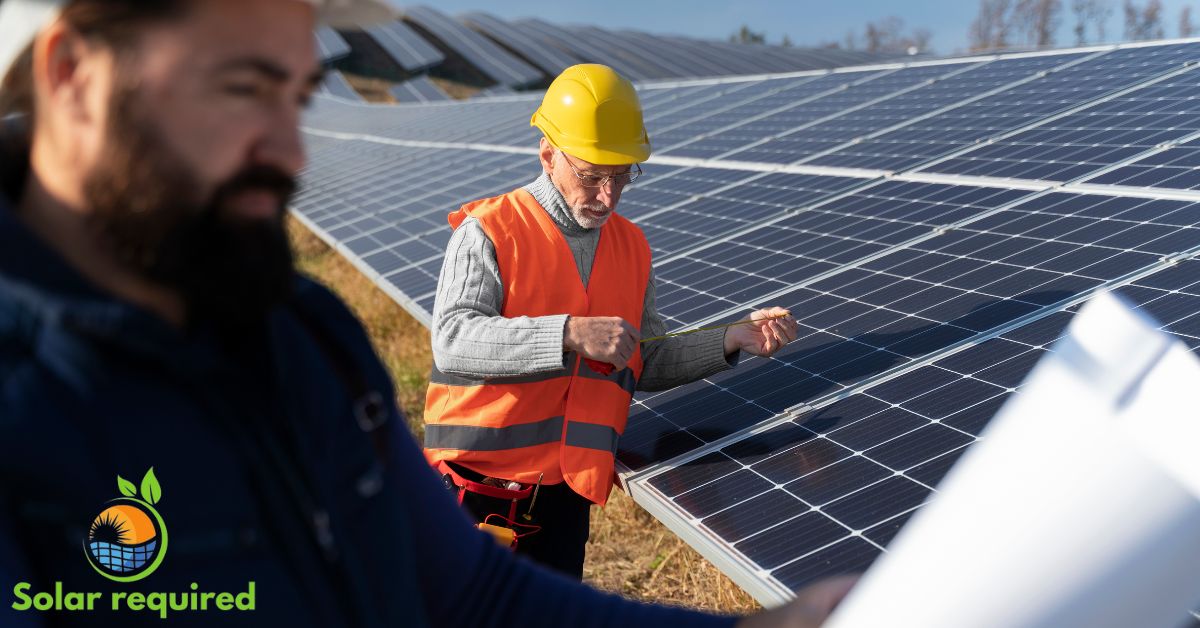 Two workers inspecting a 5kW solar system in a field. In the foreground, a man studies blueprints, while in the background, another man in a hard hat and orange vest measures a solar panel. The text reads "Solar required" with a green leaf logo.