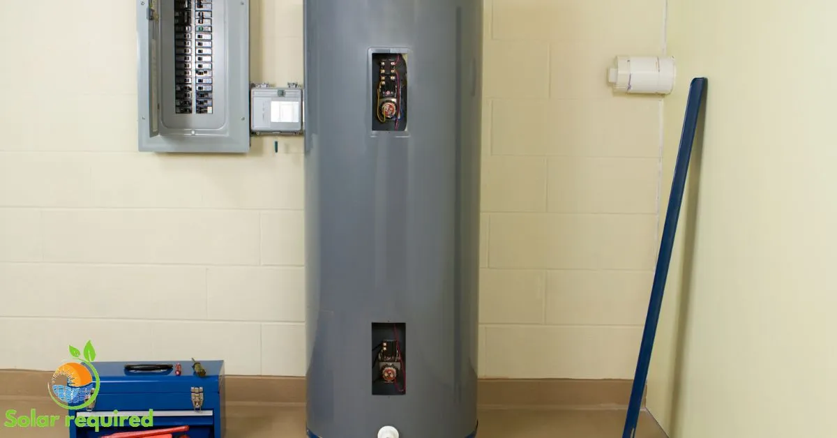 A water heater in a room with a tool box.