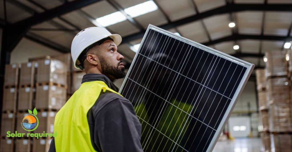 A man holding a solar panel in a warehouse.