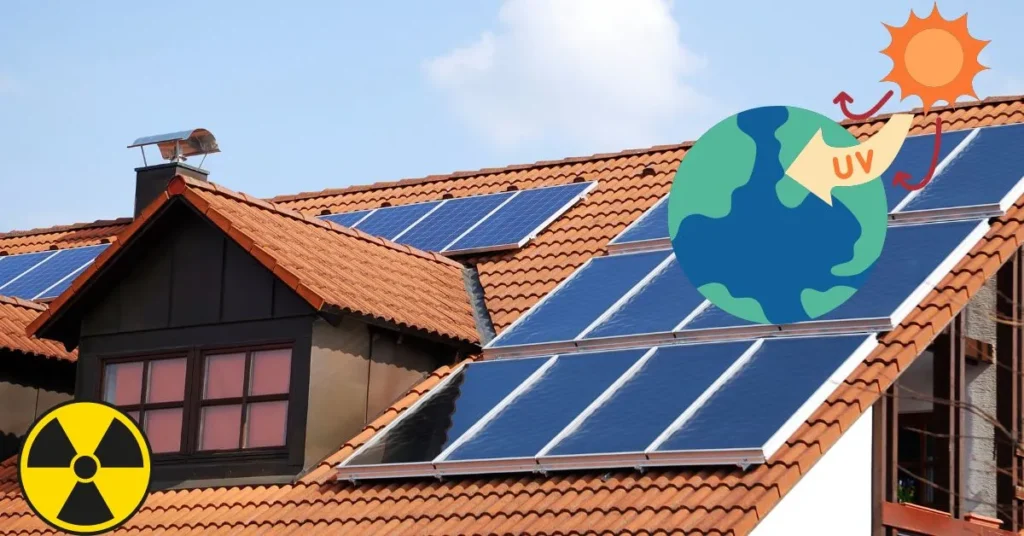 Solar panels on a roof with a nuclear symbol, representing clean energy and power generation.