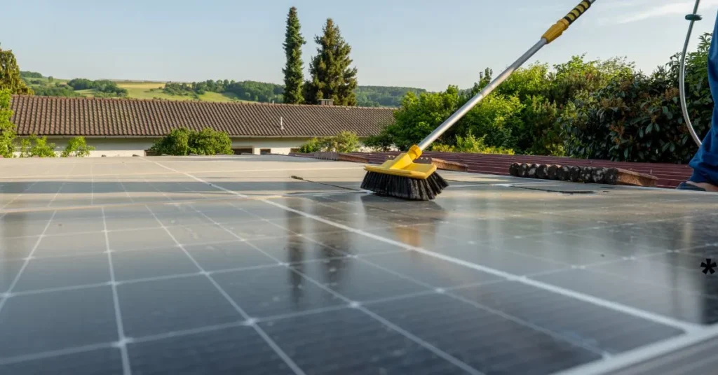 A man is seen cleaning solar panels on a roof, maintaining their performance for optimal energy production.