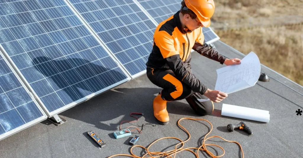 A man wearing an orange safety vest and work boots checks the connection of a solar panel, prioritizing safety and performance.