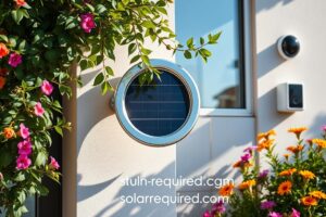A sleek Ring Solar Panel Mount gracefully positioned on a modern home’s exterior wall, surrounded by lush greenery and vibrant flowers, showcasing its innovative design and functionality. Soft sunlight casts gentle shadows, highlighting the panel's glossy surface, while the background features a chic smart home security system for context. Add subtle elements of technology and sustainability. Include the brand name "solarrequired.com" integrated into the design seamlessly.