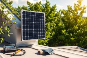 A Ring solar panel mounted on a modern home, surrounded by lush greenery and natural sunlight, with tools like a multimeter and cleaning cloth nearby for maintenance, showcasing the panel's sleek design and integration with smart home security systems, rendered in a vibrant and realistic style --v 5 --ar 16:9 --q 2 --style 4b, solarrequired.com