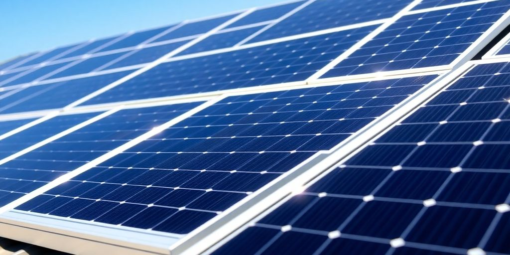 Close-up of monocrystalline solar panels on a rooftop.