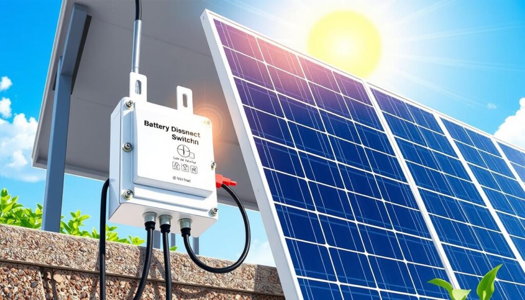 Close-up of a solar panel gleaming under bright sunlight, equipped with a battery disconnect switch affixed to the wall. Green plants adorn the foreground, while the clear blue sky highlights the radiant weather, creating an ideal setting for any eco-friendly guide.