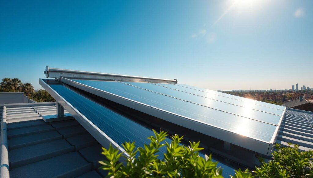 Solar panels harnessing renewable energy are installed on a rooftop with a clear blue sky and city skyline in the background. Lush green plants flourish in the foreground, symbolizing harmony between solar energy and nature.