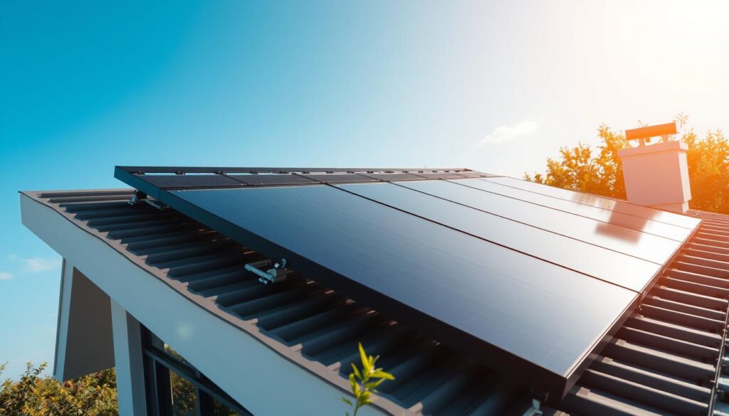 A modern house rooftop with solar thermal panels under a clear blue sky. Sunlight reflects off the panels, while a chimney and tree indicate a sunny, eco-friendly setup.