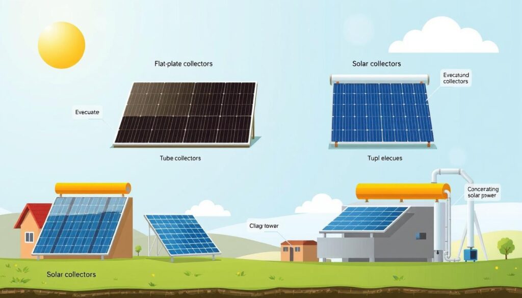 An illustration showcases various solar technology setups, including flat-plate collectors, evacuated tube collectors, and concentrating solar power. Solar thermal panels are prominently installed on houses and a solar tower, all under a sunny sky.