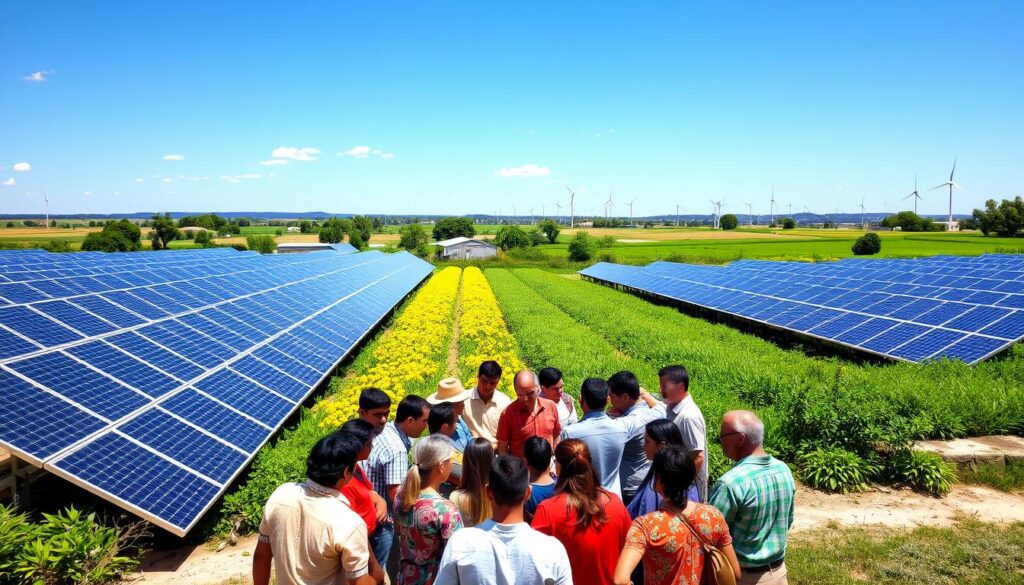 People stand with solar panels system