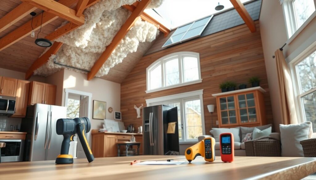 A modern kitchen with wooden walls and vaulted ceilings featuring exposed beams. Several electronic devices, including a flashlight and measuring tools, rest on the wooden table. Sunlight streams through large windows, ideal for considering solar panel installation to enhance the home's energy efficiency.