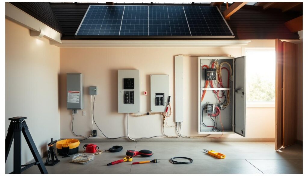 An indoor setup showcases electrical panels, tools, and wiring. Solar panels, crucial for solar installation, are mounted on the ceiling above. Various tools like a drill, screwdriver, and measuring tape lie beside a toolbox and cables—the perfect scene to prepare your home for energy efficiency.