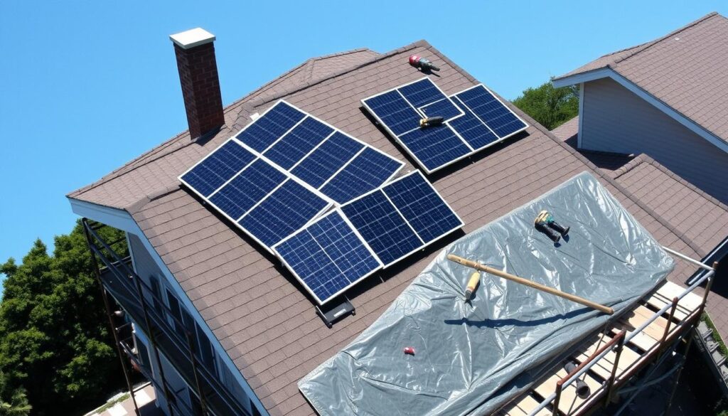 A rooftop adorned with solar panels gleams on a brown shingled roof. In preparation for solar panel installation, the right section is covered with a tarp, while scaffolding lines the side of the house beneath a clear blue sky.