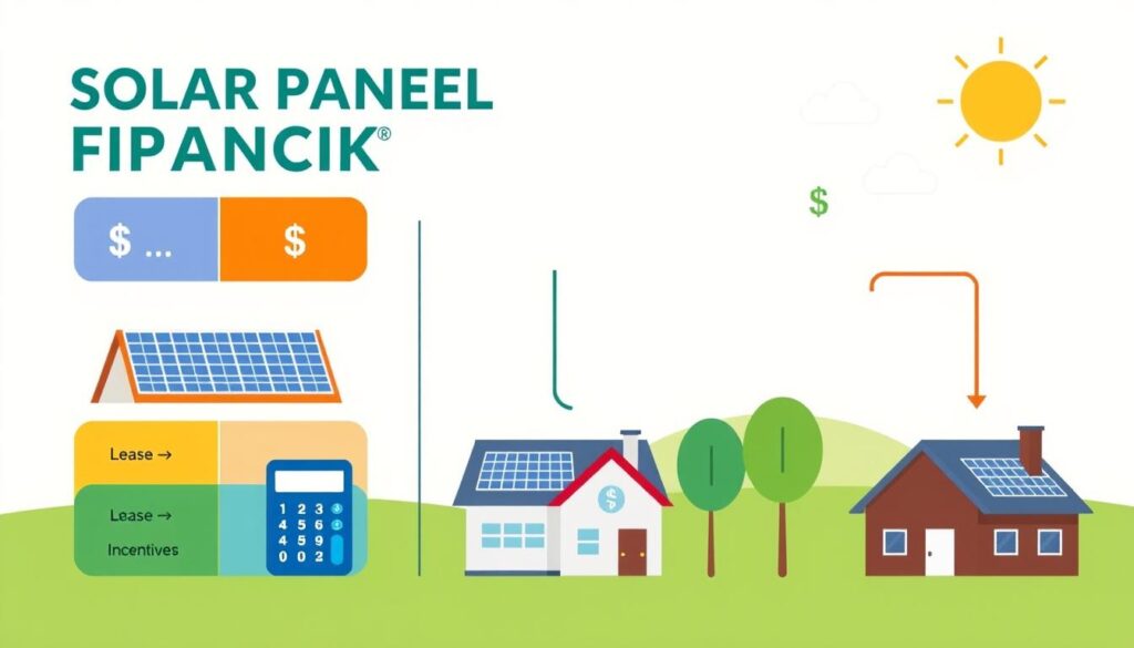 Illustration depicting a solar panel installation process, perfect for a beginner’s guide. Includes houses with solar panels, financial symbols, a calculator, and a sun in the sky. Text reads Solar Paneel Fipancik with sections labeled for Financing and Incentives.