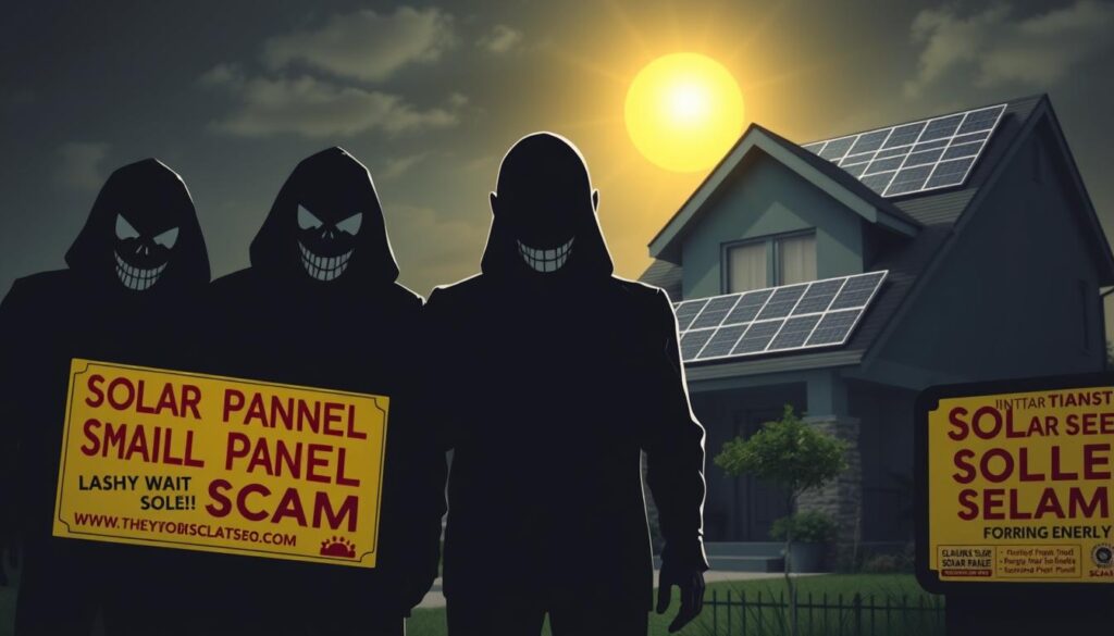 A house with solar panels basks under a bright sun, casting shadows of three figures holding signs with misspelled warnings like Solar Pannel Scam. The scene serves as a reminder to avoid solar panel scams and exercise caution against fraudulent schemes.