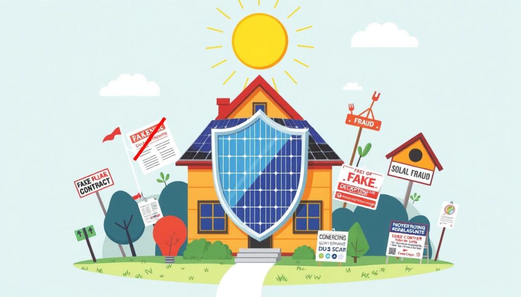 Illustration of a house with a large shield on the front. Surrounding it are signs and documents labeled with warnings like Fake, Fraud, and Scam. A bright sun beams above, symbolizing awareness to avoid solar scams and protect against fraudulent activities.