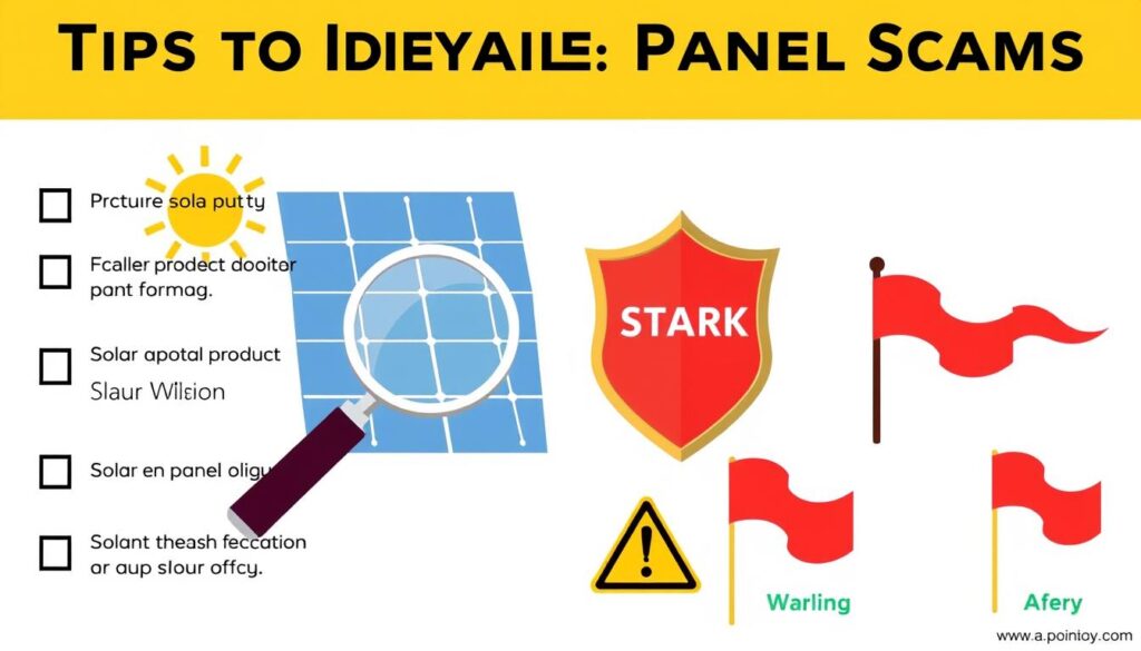 Illustration about avoiding solar panel scams. Features a solar panel with a magnifying glass, a shield labeled Stark, warning flags, and an exclamation mark. Text offers tips on how to recognize common solar scams.