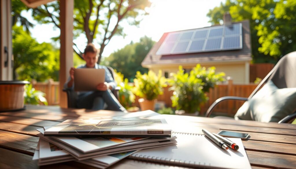 A man sits on a patio, focused on his laptop. Notebooks and pens scattered on the table hint at deep thought. Behind him, a house with solar panels gleams in the sunlight, reminding him to stay informed and avoid solar scams, as trees rustle gently in the serene atmosphere.