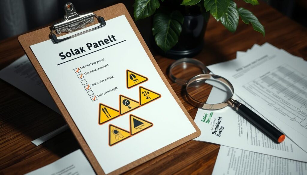 A clipboard with a check-list labeled Solak Panelt showing four checkmarks and warning symbols, subtly hinting at solar panel tips to avoid scams. Nearby are a magnifying glass, pen, and documents. A green plant is partially visible. The scene is set on a wooden surface.