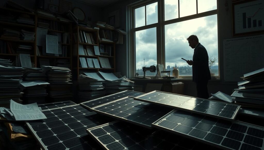 In a dimly lit office cluttered with documents and books, solar panels cover a desk. A person stands near a window, using a smartphone, perhaps researching common solar scams to avoid, with an outdoor view featuring buildings and cloudy skies.