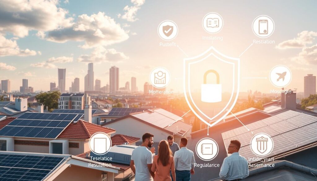 A group of people stands on a rooftop with solar panels, digitally illustrating concepts like installation and maintenance. They're committed to avoiding common solar panel scams. A city skyline graces the background under a partly cloudy sky, symbolizing innovation and vigilance.