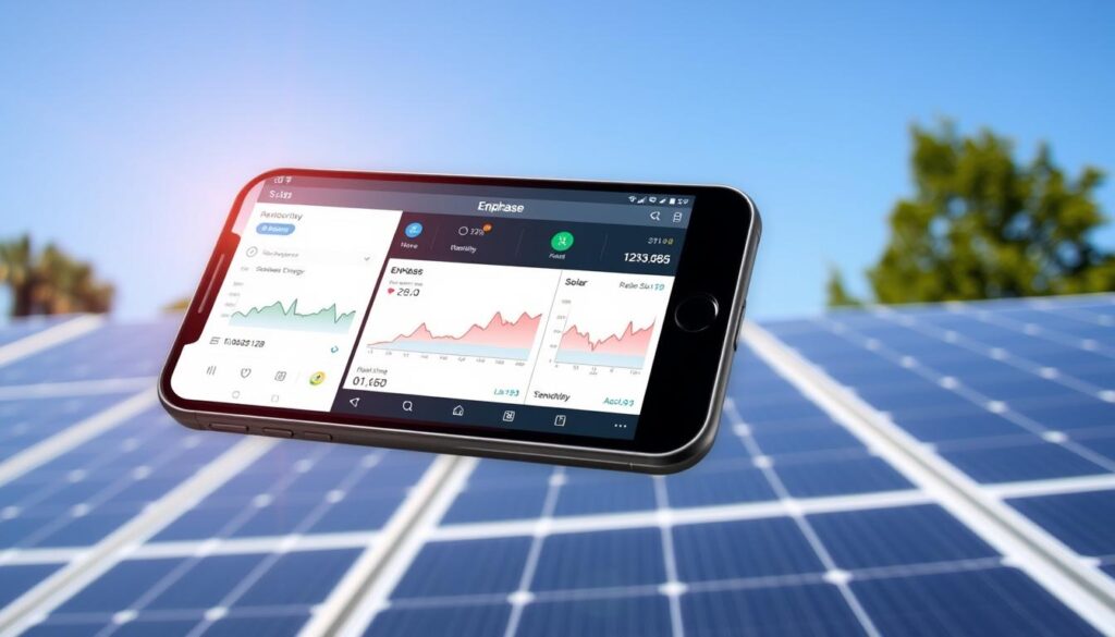 A smartphone, showcasing powerful features, displays solar energy analytics with graphs and data. Positioned above solar panels under a clear blue sky, it suggests efficient monitoring of energy production using Enphase Micro Inverters.