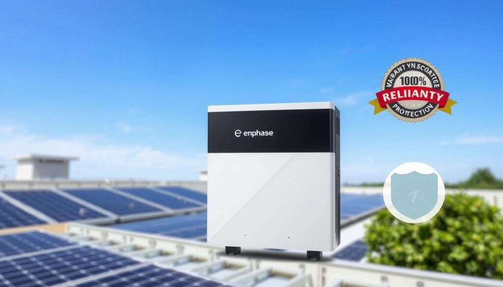 A solar battery by Enphase is showcased alongside rooftop panels equipped with Enphase Micro Inverters. The image features a badge stating 100% Reliant Protection and a blue shield icon, emphasizing security and powerful features.