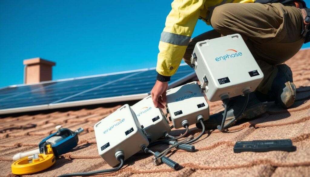 A person in work attire installs Enphase Micro Inverters on a tiled rooftop, showcasing the powerful features of solar efficiency. With a solar panel visible against the clear blue sky, it's undeniably a sunny day.