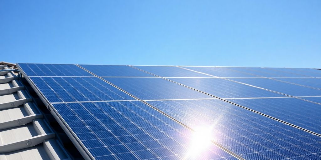 Close-up of sleek monocrystalline solar panels on a rooftop.