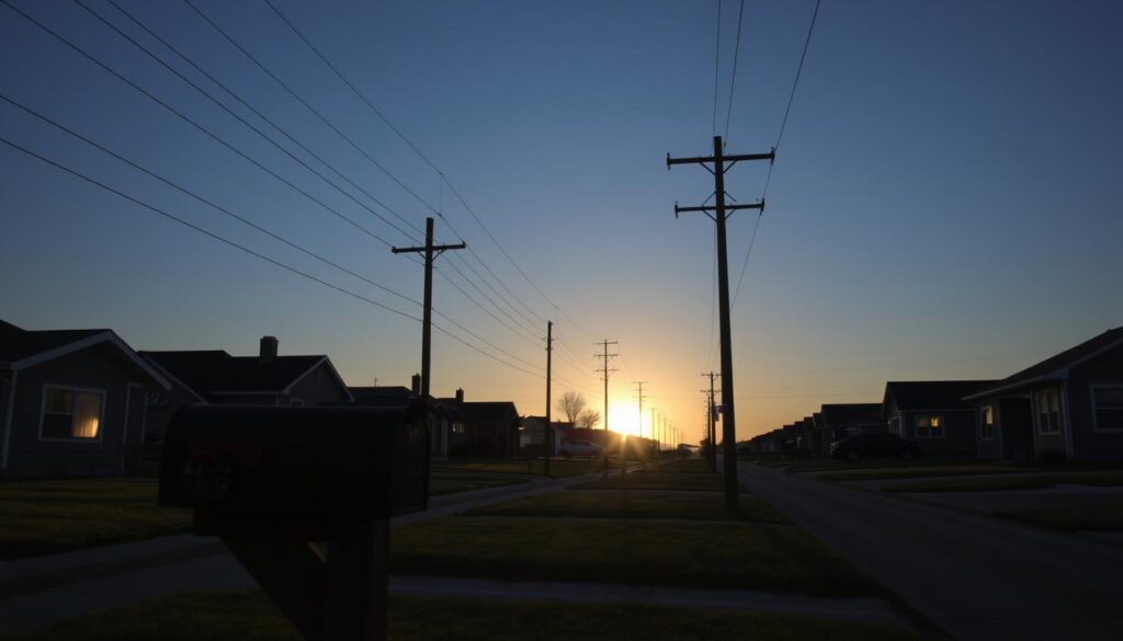 Sunset over the average suburban neighborhood in Hays, Kansas, where silhouettes of houses and telephone poles grace the horizon. The setting sun casts a warm glow on the sky, creating long shadows and reminding residents to check their electricity bill on this quiet evening street.