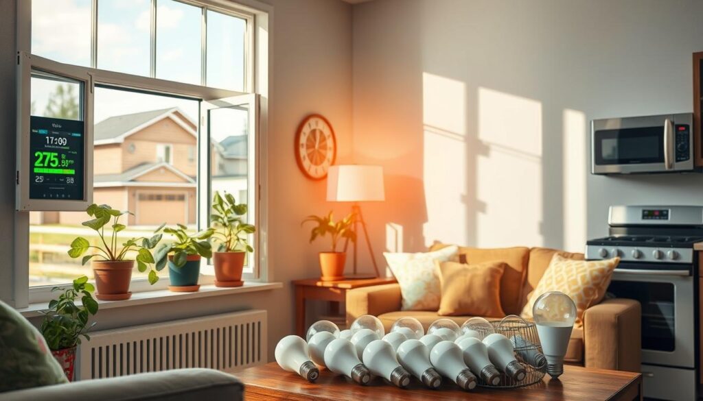 In a sunny living room in Hays, Kansas, a large window brightens several potted plants and a comfortable couch with cushions. The table in the center holds numerous LED bulbs, helping keep the average electricity bill low. A smart home monitor displays environmental data nearby.