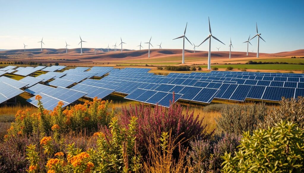 A field of solar panels and wind turbines in Hays, Kansas generates renewable energy under a clear blue sky. Wildflowers bloom in the foreground, adding vibrant colors to the landscape of rolling hills and sustainable technology, helping to reduce the average electricity bill.