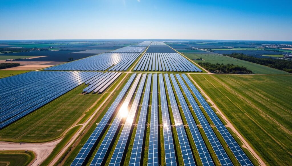 A vast solar farm stretches across a green landscape under a clear blue sky. Rows of solar panels, capable of powering homes, reflect sunlight as they are aligned neatly on the grass per acre, with fields and trees visible in the distance.