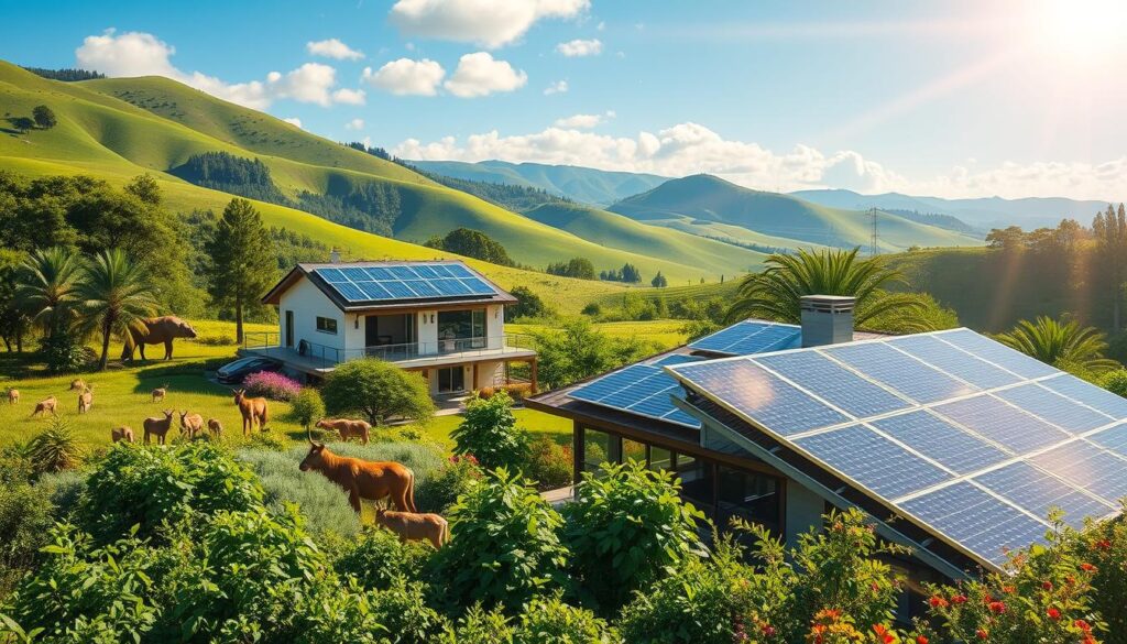 A scenic view of modern houses powered by solar panels on rooftops, nestled in lush green hills under a bright blue sky. Cows graze per acre in the foreground, surrounded by vibrant foliage and palm trees, symbolizing sustainable living in harmony with nature.