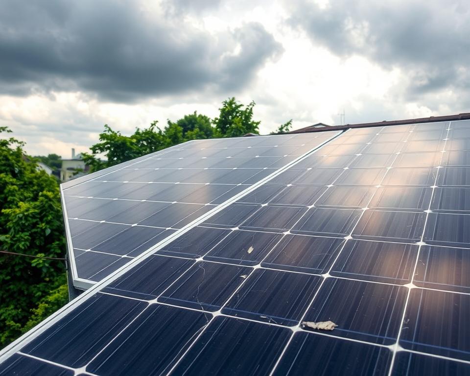 Discover the rooftop solar panels with reflective surfaces, working well even under a cloudy sky. Lush green trees provide a serene backdrop.