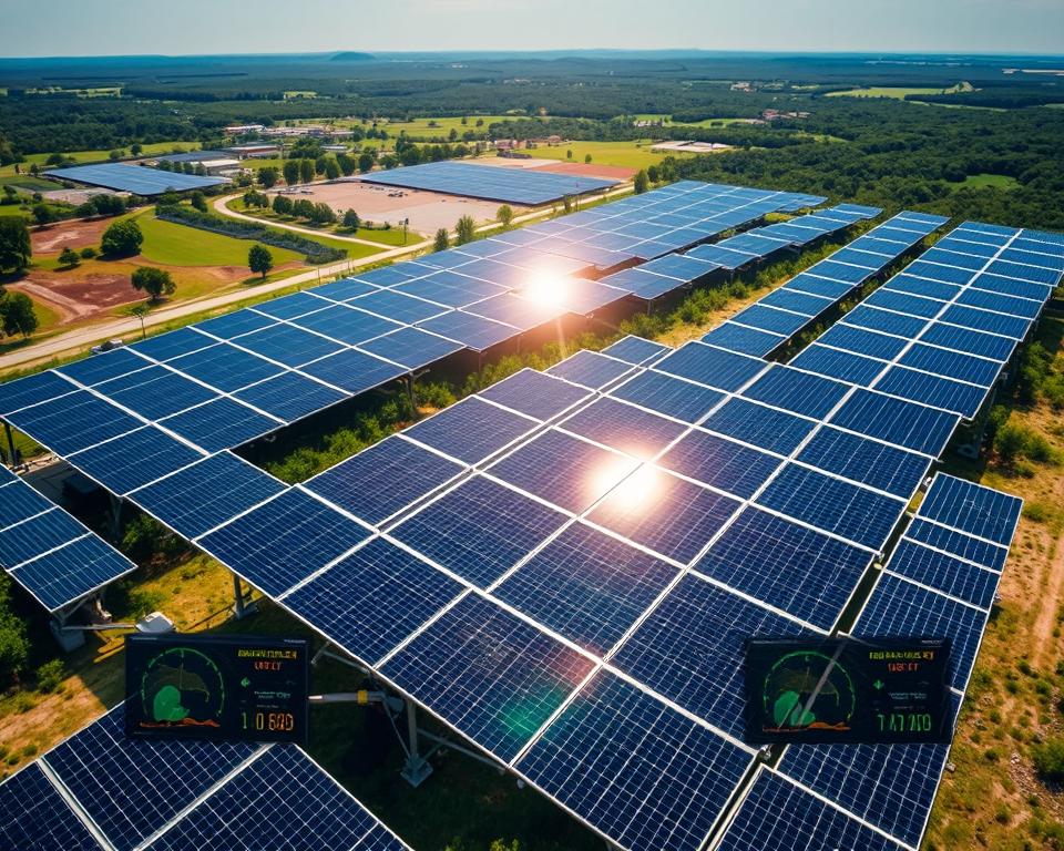 A solar farm with numerous solar panels working well, arranged in rows, captures sunlight. Two screens provide data related to solar energy generation. The landscape is lush with greenery under a clear blue sky, making it an ideal scene for those keen to find out more about sustainable energy.