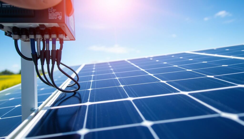 Close-up of gleaming solar panels with connected cables beneath a clear blue sky. Sunlight reflects off their glossy surface while an inverter quietly hums nearby. The background features a blurred green field, adding a natural element to the scene.