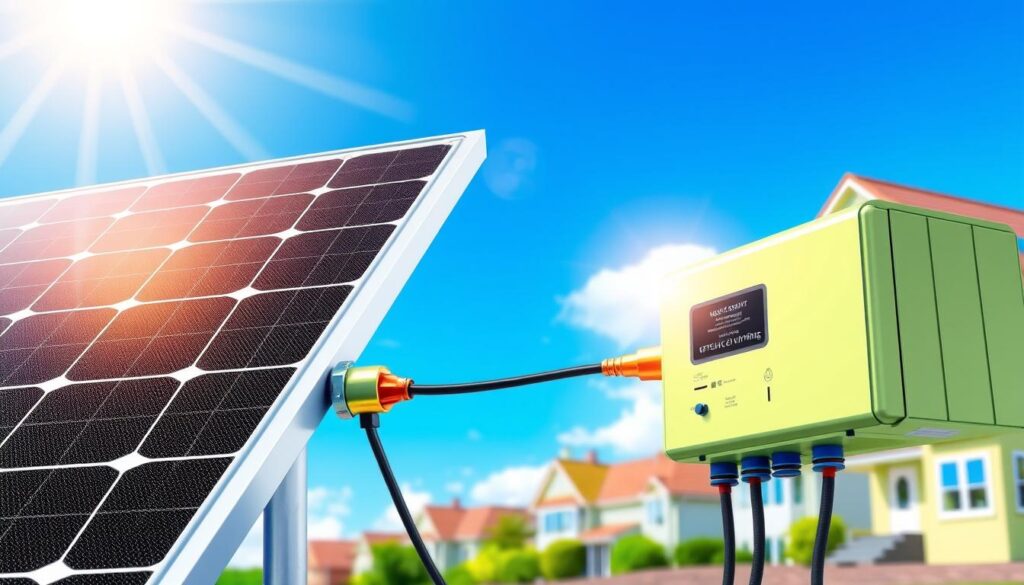 A solar panel basking in bright sunlight is seamlessly connected to a vibrant green inverter box. In the background, blurred houses under a clear blue sky create a serene setting.