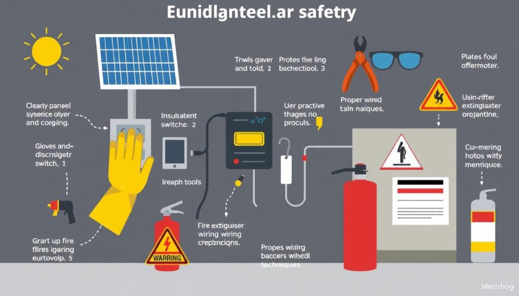 Illustration of solar panel safety tips, featuring battery disconnect procedures, gloves and tools for protection, fire extinguisher use, proper wiring, and warning signs for electrical hazards. Includes safety gear and cautionary symbols to promote safe installation and maintenance.