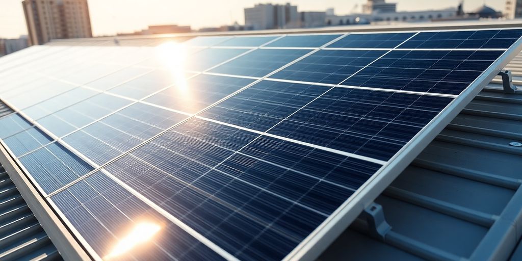 Thin film solar panels on a modern rooftop.