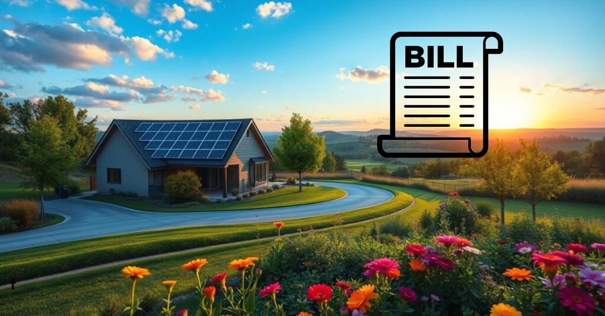 A small house with solar panels on the roof is surrounded by a lush green lawn and colorful flowers. A winding driveway leads to the house, where potential savings on electricity bills are highlighted. The sky is clear, and the sun is setting, casting a warm glow over an illustrated bill overlaying the image.