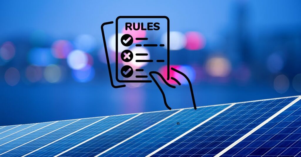 Illustration of a hand holding a paper with RULES and checkmarks, positioned over a blurred cityscape with colorful lights representing New Jersey. Below the paper, solar panels are visible, symbolizing 2025 updates in clean energy regulations.