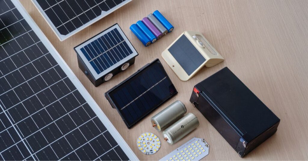 A collection showcasing New Jerseys 2025 solar panel updates features an array of rechargeable batteries and LED lights on a wooden surface. The setup includes diverse sizes and types of solar panels, cylindrical batteries, and LED light strips.