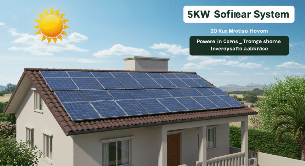 A bright illustration of a home rooftop in Pakistan featuring a neatly arranged 5kW solar panel system. The sun is shining brightly, and the house looks modern and well-maintained. A small graphic overlay indicates 5kW Solar System - Powering Your Home.